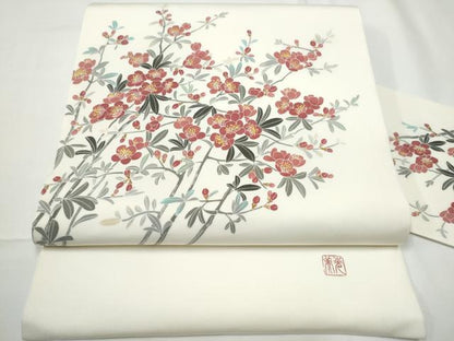 平和屋着物●塩瀬　九寸名古屋帯　作家物　枝花文　正絹　逸品　CABE4484hy