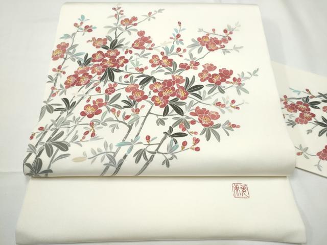 平和屋着物●塩瀬　九寸名古屋帯　作家物　枝花文　正絹　逸品　CABE4484hy
