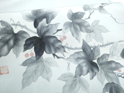 平和屋着物●塩瀬　九寸名古屋帯　作家物　手描き　葡萄蔦の葉文　正絹　逸品　CABE4488hy