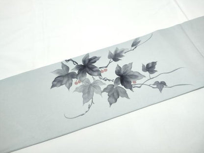 平和屋着物●塩瀬　九寸名古屋帯　作家物　手描き　葡萄蔦の葉文　正絹　逸品　CABE4488hy