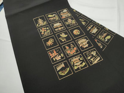 平和屋着物●九寸名古屋帯　兎　風景文　黒地　金糸　正絹　逸品　CABE4496hy
