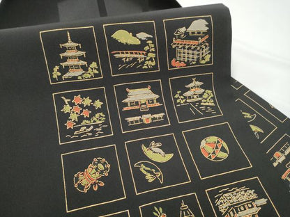 平和屋着物●九寸名古屋帯　兎　風景文　黒地　金糸　正絹　逸品　CABE4496hy