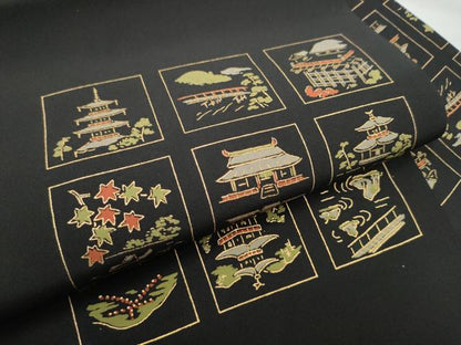 平和屋着物●九寸名古屋帯　兎　風景文　黒地　金糸　正絹　逸品　CABE4496hy