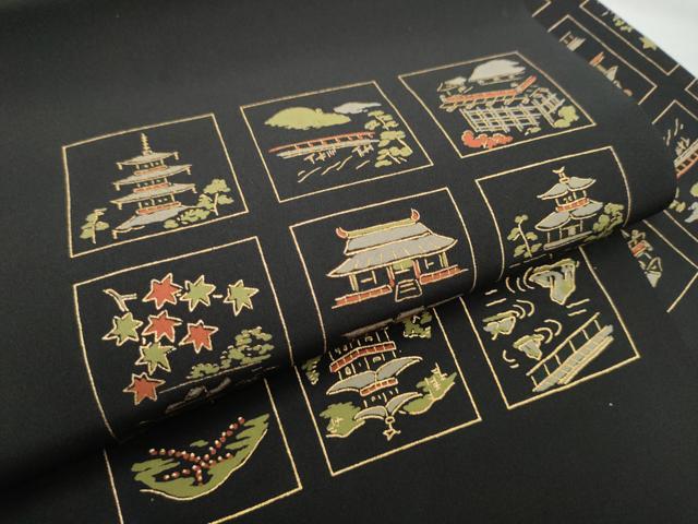 平和屋着物●九寸名古屋帯　兎　風景文　黒地　金糸　正絹　逸品　CABE4496hy