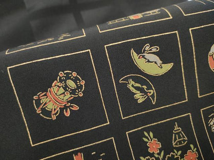 平和屋着物●九寸名古屋帯　兎　風景文　黒地　金糸　正絹　逸品　CABE4496hy