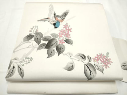 平和屋着物●塩瀬　九寸名古屋帯　作家物　手描き　休み鳥枝花文　正絹　逸品　CABE4511hy