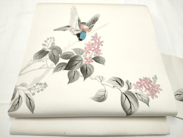 平和屋着物●塩瀬　九寸名古屋帯　作家物　手描き　休み鳥枝花文　正絹　逸品　CABE4511hy