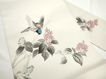 平和屋着物●塩瀬　九寸名古屋帯　作家物　手描き　休み鳥枝花文　正絹　逸品　CABE4511hy
