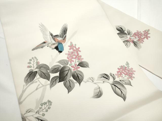 平和屋着物●塩瀬　九寸名古屋帯　作家物　手描き　休み鳥枝花文　正絹　逸品　CABE4511hy