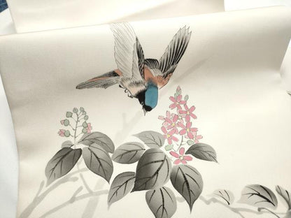 平和屋着物●塩瀬　九寸名古屋帯　作家物　手描き　休み鳥枝花文　正絹　逸品　CABE4511hy