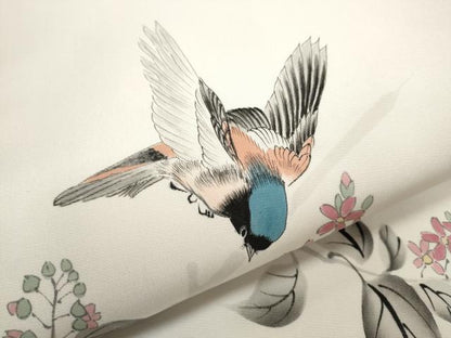 平和屋着物●塩瀬　九寸名古屋帯　作家物　手描き　休み鳥枝花文　正絹　逸品　CABE4511hy