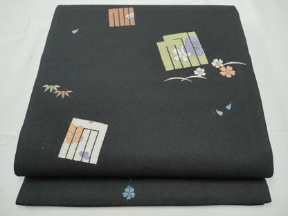平和屋着物●九寸開き名古屋帯　唐織　源氏香花文　黒地　正絹　逸品　CABE4512hy