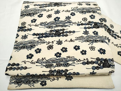 平和屋着物●九寸名古屋帯　本藍　型染め　流水花文　鬼しぼ縮緬　逸品　CABE4513hy