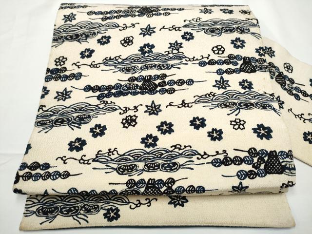平和屋着物●九寸名古屋帯　本藍　型染め　流水花文　鬼しぼ縮緬　逸品　CABE4513hy