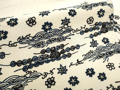 平和屋着物●九寸名古屋帯　本藍　型染め　流水花文　鬼しぼ縮緬　逸品　CABE4513hy