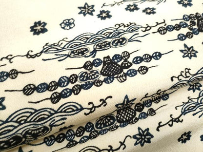 平和屋着物●九寸名古屋帯　本藍　型染め　流水花文　鬼しぼ縮緬　逸品　CABE4513hy