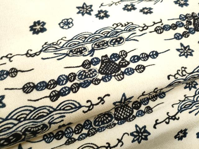 平和屋着物●九寸名古屋帯　本藍　型染め　流水花文　鬼しぼ縮緬　逸品　CABE4513hy