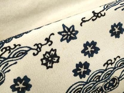 平和屋着物●九寸名古屋帯　本藍　型染め　流水花文　鬼しぼ縮緬　逸品　CABE4513hy