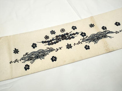 平和屋着物●九寸名古屋帯　本藍　型染め　流水花文　鬼しぼ縮緬　逸品　CABE4513hy