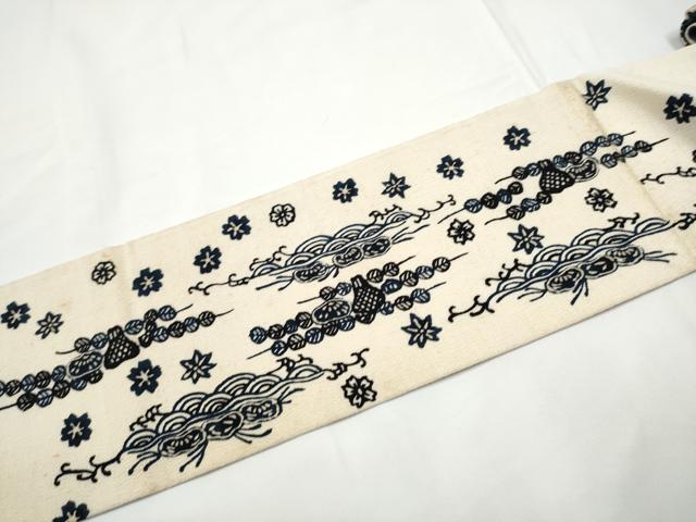平和屋着物●九寸名古屋帯　本藍　型染め　流水花文　鬼しぼ縮緬　逸品　CABE4513hy