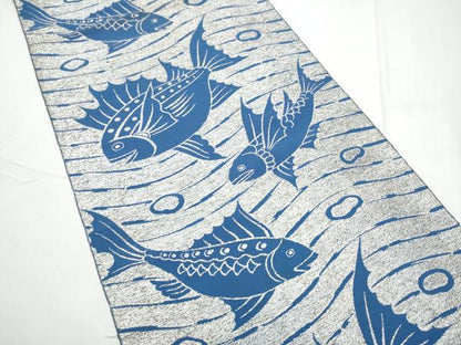 平和屋着物●八寸名古屋帯　魚　銀糸　正絹　逸品　CABE4518hy