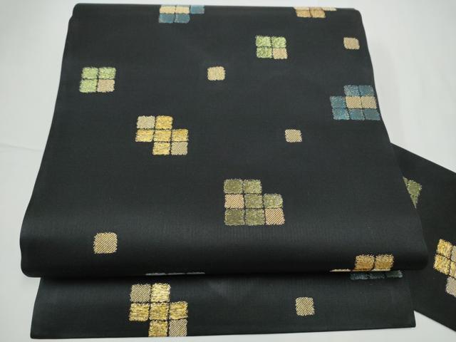 平和屋着物●西陣　岡文織物謹製　九寸名古屋帯　市松文様　黒地　金糸　証紙付き　正絹　逸品　CABE4525hy