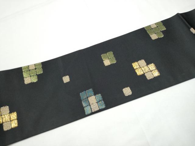 平和屋着物●西陣　岡文織物謹製　九寸名古屋帯　市松文様　黒地　金糸　証紙付き　正絹　逸品　CABE4525hy