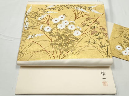 平和屋着物●東京手描友禅　安達雅一　塩瀬　九寸名古屋帯　菊　金彩　正絹　逸品　CABE4541hy