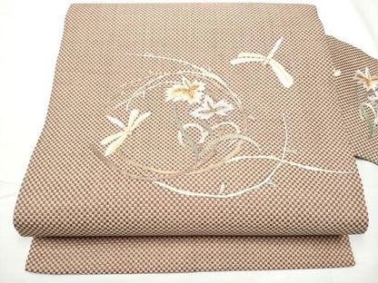 平和屋着物●九寸名古屋帯　総刺繍　トンボ　花丸文　金糸　正絹　逸品　CABE4545hy