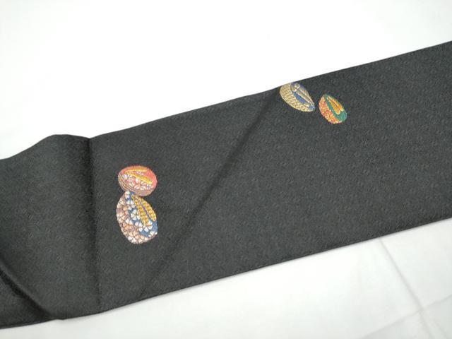 平和屋着物●九寸名古屋帯　唐織　京こばな　黒地　金糸　正絹　逸品　CABE4547hy