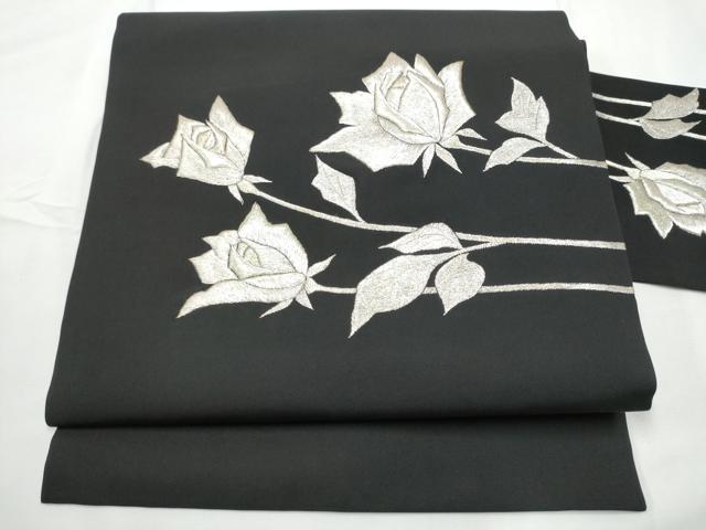 平和屋着物●塩瀬　九寸名古屋帯　総刺繍　枝花文　黒地　金銀糸　正絹　逸品　CABE4552hy