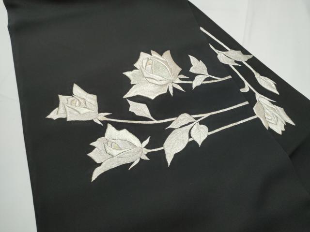 平和屋着物●塩瀬　九寸名古屋帯　総刺繍　枝花文　黒地　金銀糸　正絹　逸品　CABE4552hy