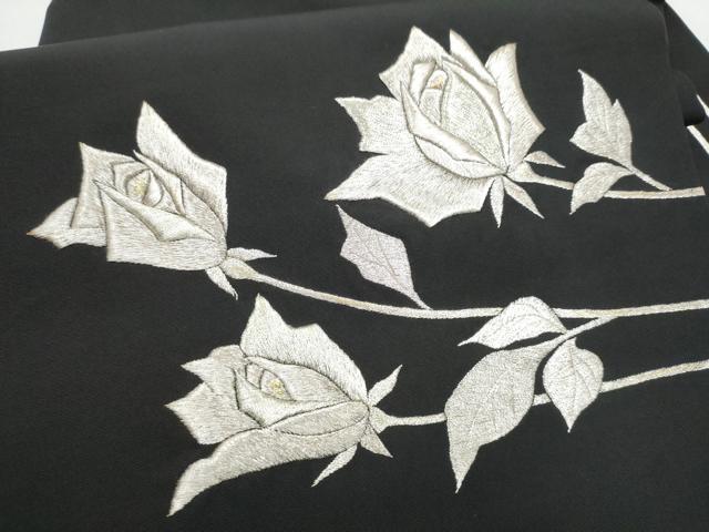平和屋着物●塩瀬　九寸名古屋帯　総刺繍　枝花文　黒地　金銀糸　正絹　逸品　CABE4552hy