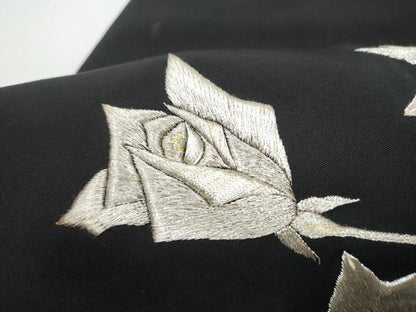 平和屋着物●塩瀬　九寸名古屋帯　総刺繍　枝花文　黒地　金銀糸　正絹　逸品　CABE4552hy