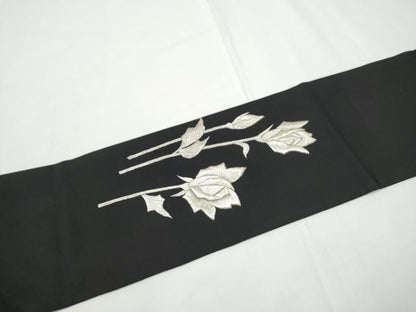 平和屋着物●塩瀬　九寸名古屋帯　総刺繍　枝花文　黒地　金銀糸　正絹　逸品　CABE4552hy