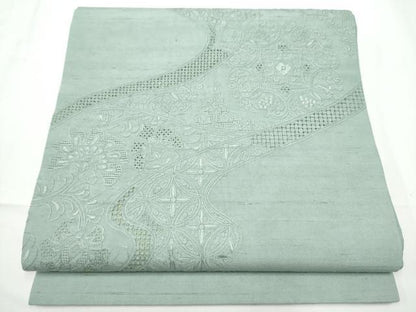 平和屋着物●中国三大刺繍　スワトウ相良刺繍　総刺繍　九寸開き名古屋帯　紬地　流水更紗花文　色無地　湊鼠色　正絹　逸品　CABE4553hy