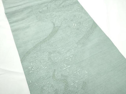 平和屋着物●中国三大刺繍　スワトウ相良刺繍　総刺繍　九寸開き名古屋帯　紬地　流水更紗花文　色無地　湊鼠色　正絹　逸品　CABE4553hy