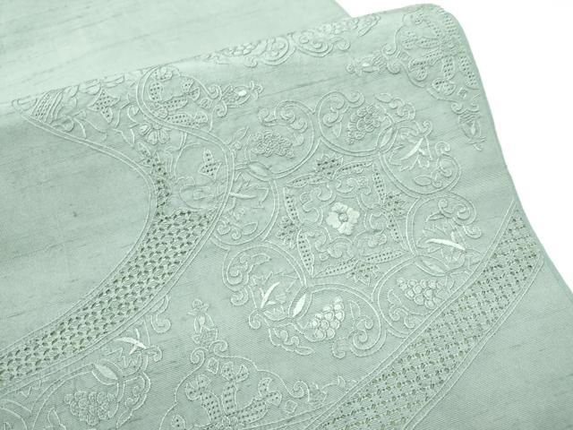 平和屋着物●中国三大刺繍　スワトウ相良刺繍　総刺繍　九寸開き名古屋帯　紬地　流水更紗花文　色無地　湊鼠色　正絹　逸品　CABE4553hy