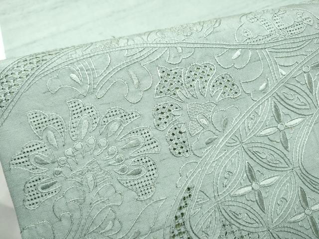 平和屋着物●中国三大刺繍　スワトウ相良刺繍　総刺繍　九寸開き名古屋帯　紬地　流水更紗花文　色無地　湊鼠色　正絹　逸品　CABE4553hy