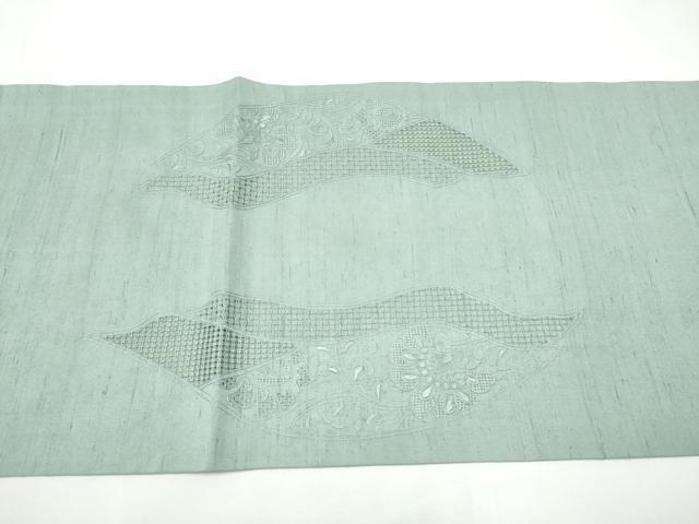 平和屋着物●中国三大刺繍　スワトウ相良刺繍　総刺繍　九寸開き名古屋帯　紬地　流水更紗花文　色無地　湊鼠色　正絹　逸品　CABE4553hy