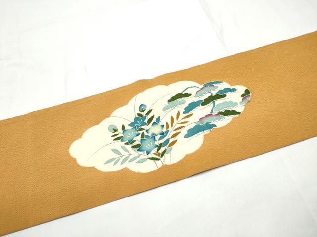 平和屋着物●九寸名古屋帯　友禅　作家物　風景草花文　鬼しぼ縮緬　正絹　逸品　CABE4554hy
