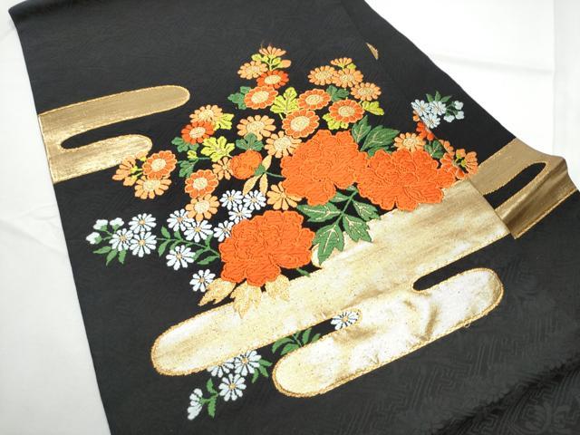 平和屋着物●九寸名古屋帯　唐織　エ霞草花文　黒地　金糸　正絹　逸品　CABE4555hy