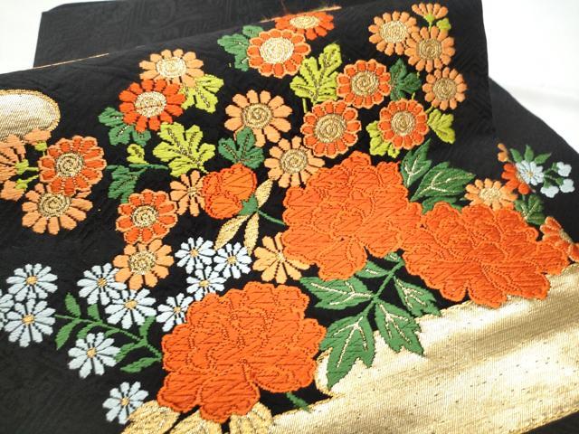 平和屋着物●九寸名古屋帯　唐織　エ霞草花文　黒地　金糸　正絹　逸品　CABE4555hy