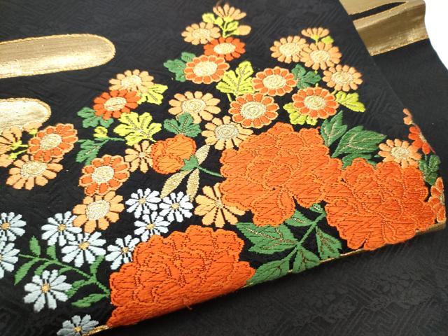 平和屋着物●九寸名古屋帯　唐織　エ霞草花文　黒地　金糸　正絹　逸品　CABE4555hy