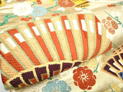 平和屋着物●アンティーク　大正ロマン　丸帯　唐織　桧扇花文　金糸　正絹　逸品　CABE4557hy