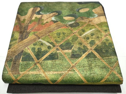 平和屋着物●六通柄袋帯　作家物　紬地　刺繍　籬樹林文　金彩　正絹　逸品　CABE4562hy
