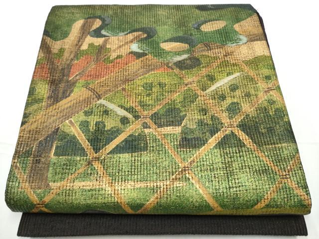 平和屋着物●六通柄袋帯　作家物　紬地　刺繍　籬樹林文　金彩　正絹　逸品　CABE4562hy