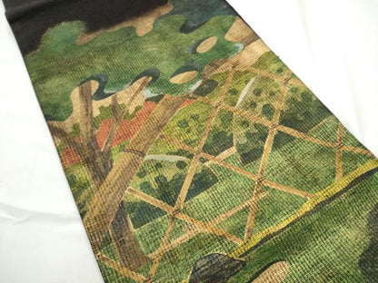 平和屋着物●六通柄袋帯　作家物　紬地　刺繍　籬樹林文　金彩　正絹　逸品　CABE4562hy