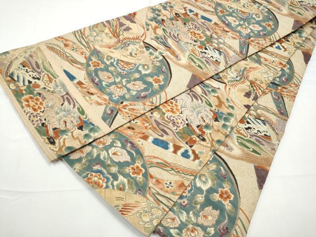 平和屋着物●アンティーク　大正ロマン　丸帯　鳳凰　唐獅子花文　金糸　引き抜き帯　正絹　逸品　CABE4563hy