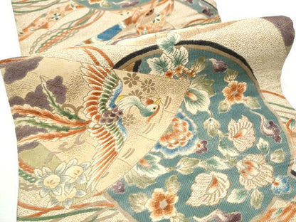 平和屋着物●アンティーク　大正ロマン　丸帯　鳳凰　唐獅子花文　金糸　引き抜き帯　正絹　逸品　CABE4563hy